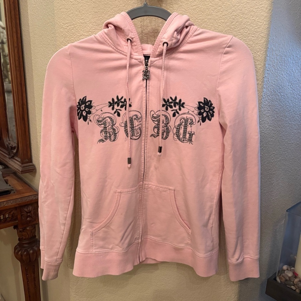 BCBG MAXAZRIA Pink Floral Rhinestone Embellish Y2K Zip Hoodie Jacket Size Small